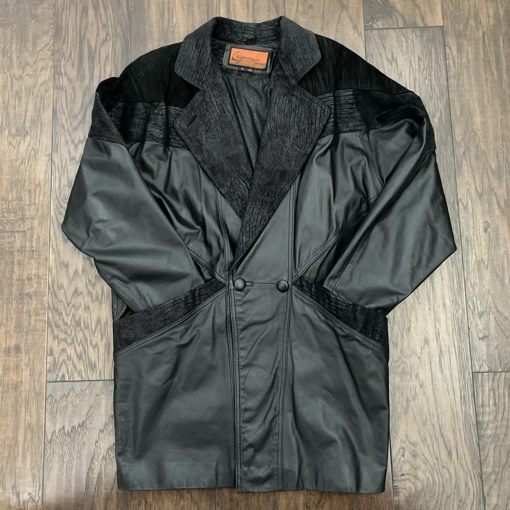 Vtg 80s 90s Black Leather Trench Coat Sz-Medium Suede Panel Reptile Print Lining